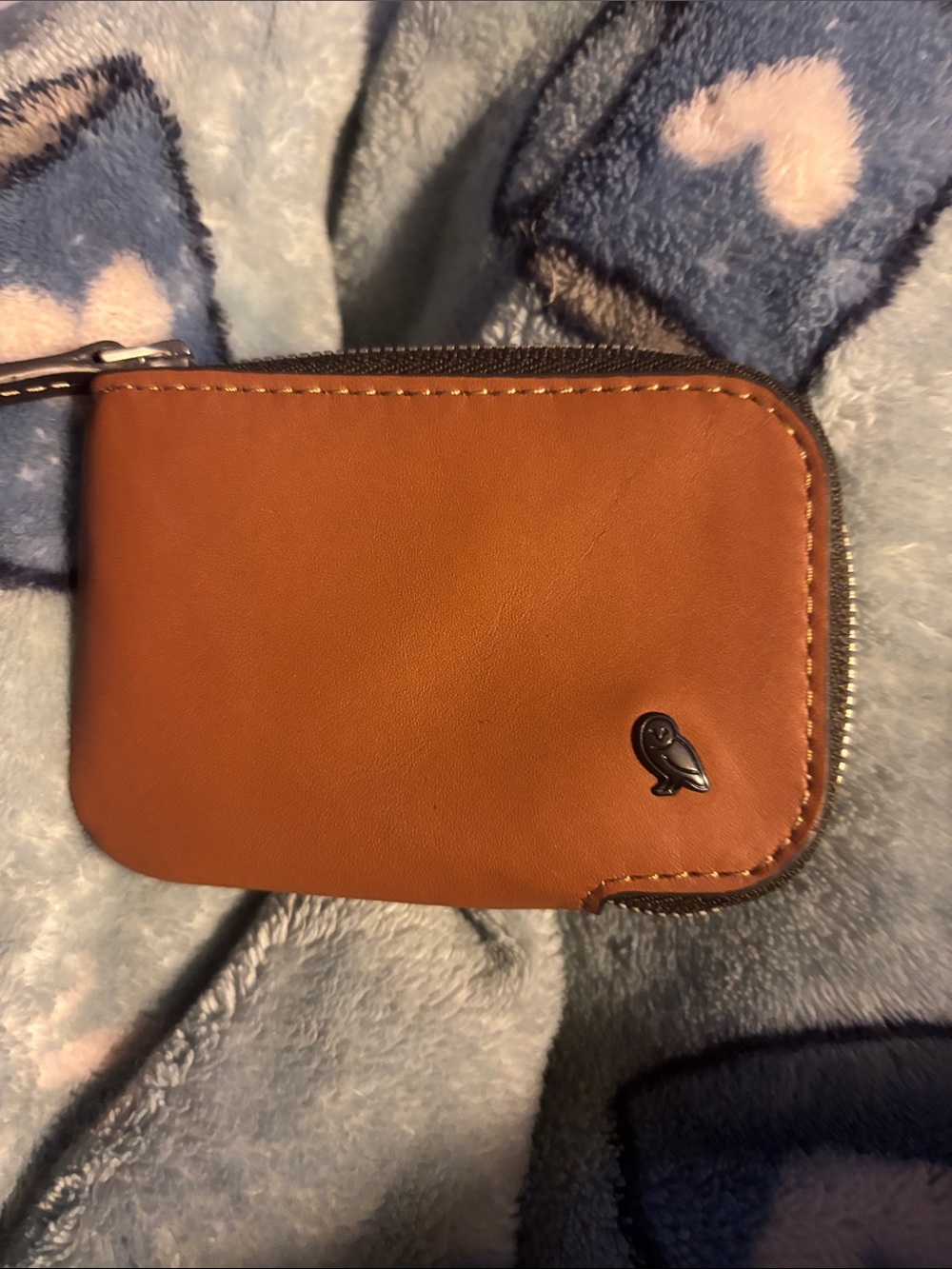 Bellroy Cognac Brown Leather Zip Card Holder with Owl Emblem